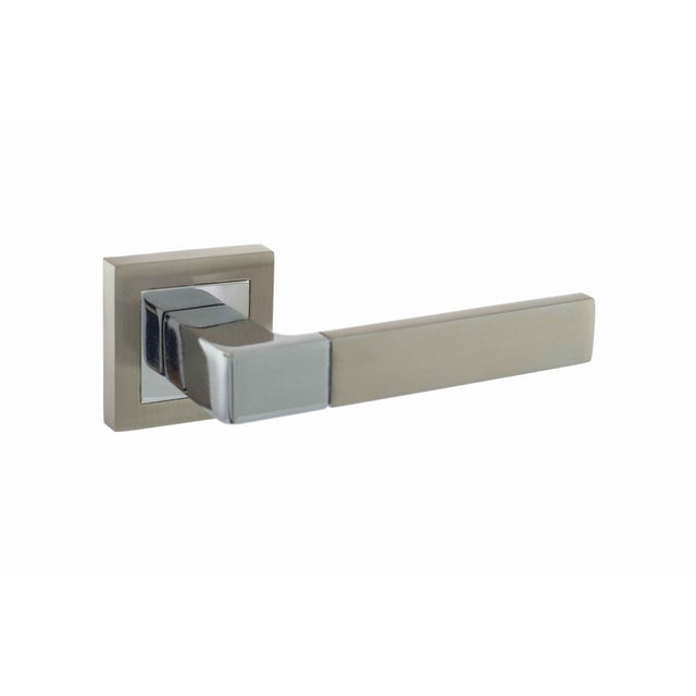 This is an image of STATUS Montana Designer Lever on S4 Square Rose - Satin Nickel/Polished Chrome available to order from T.H Wiggans Architectural Ironmongery in Kendal, quick delivery and discounted prices.