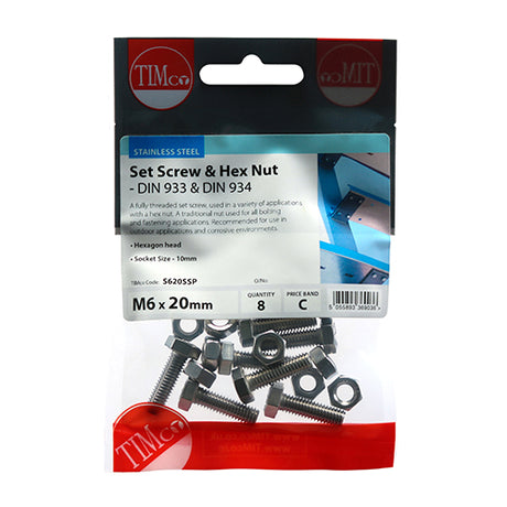 This is an image showing TIMCO Set Screws & Hex Nuts - Stainless Steel - M6 x 20 - 8 Pieces TIMpac available from T.H Wiggans Ironmongery in Kendal, quick delivery at discounted prices.