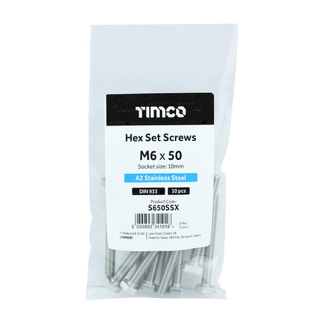 This is an image showing TIMCO Hex Set Screws - A2 Stainless Steel - M6 x 50 - 10 Pieces Bag available from T.H Wiggans Ironmongery in Kendal, quick delivery at discounted prices.