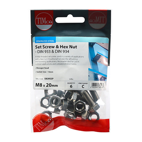 This is an image showing TIMCO Set Screws & Hex Nuts - Stainless Steel - M8 x 20 - 6 Pieces TIMpac available from T.H Wiggans Ironmongery in Kendal, quick delivery at discounted prices.