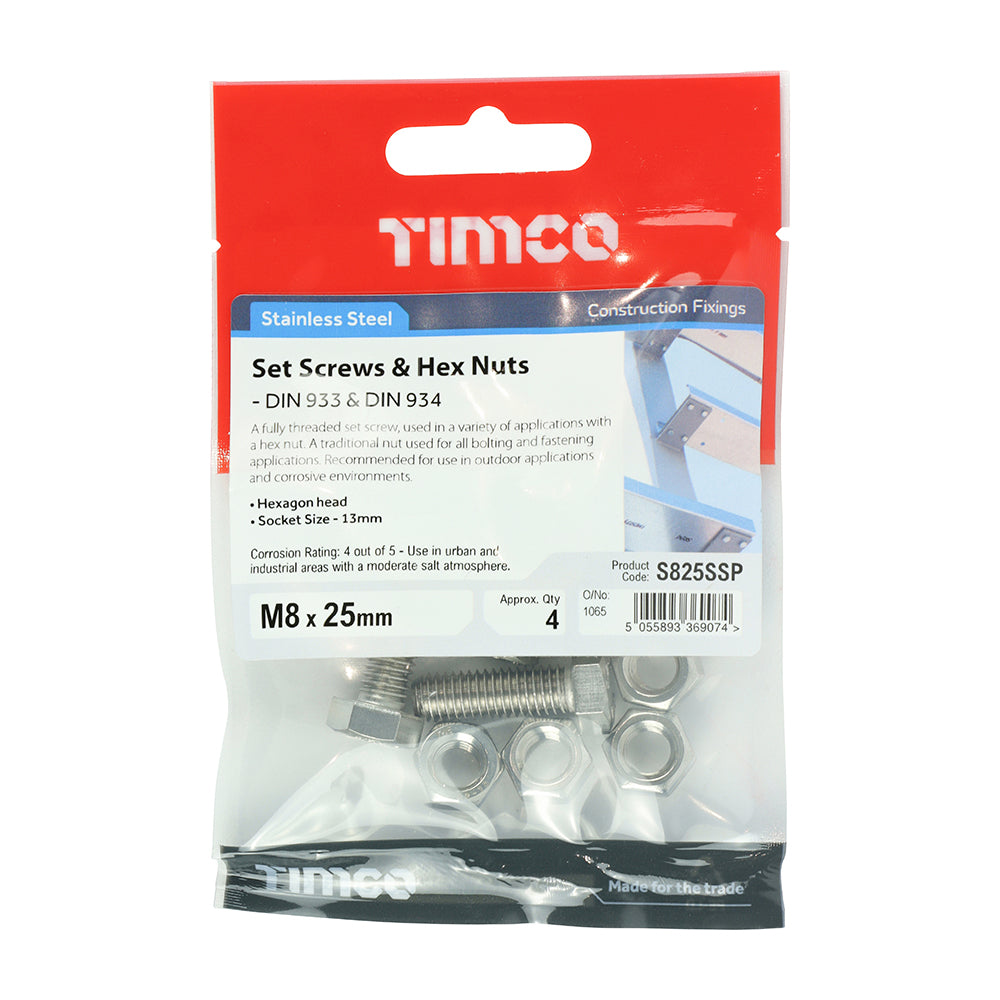 This is an image showing TIMCO Set Screws & Hex Nuts - Stainless Steel - M8 x 25 - 4 Pieces TIMpac available from T.H Wiggans Ironmongery in Kendal, quick delivery at discounted prices.