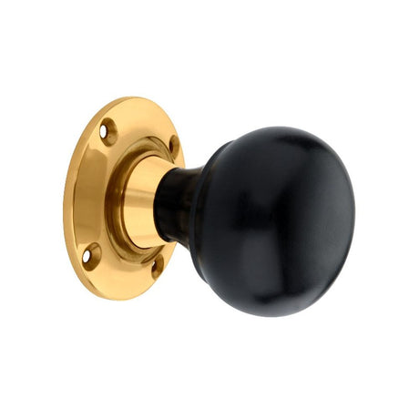 This is an image of Spira Brass - Ebony Bun Rim/Mortice Door Knob Polished Brass available to order from T.H Wiggans Architectural Ironmongery in Kendal, quick delivery and discounted prices.