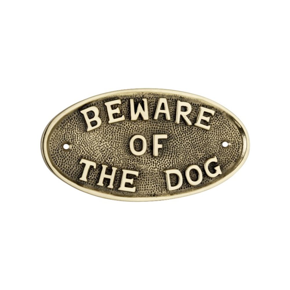This is an image of Spira Brass - Beware Of The Dog Door Plate Polished Brass available to order from T.H Wiggans Architectural Ironmongery in Kendal, quick delivery and discounted prices.