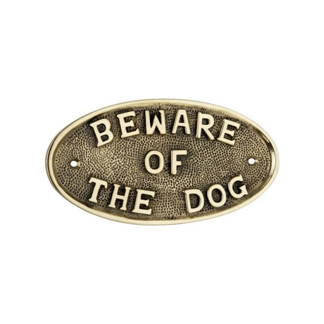 This is an image of Spira Brass - Beware Of The Dog Door Plate Polished Brass available to order from T.H Wiggans Architectural Ironmongery in Kendal, quick delivery and discounted prices.