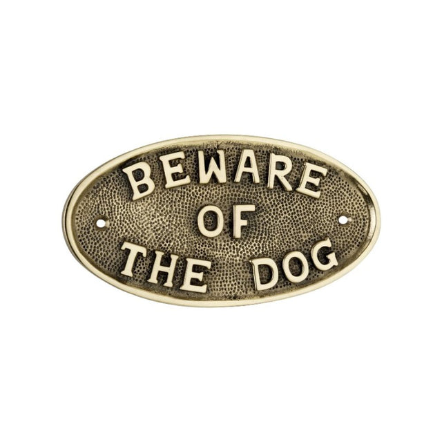 This is an image of Spira Brass - Beware Of The Dog Door Plate Polished Brass available to order from T.H Wiggans Architectural Ironmongery in Kendal, quick delivery and discounted prices.