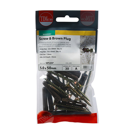 This is an image showing TIMCO Brown Plastic Plugs with Screws - 35mm Brown Plug, 5.0x50 Screw - 15 Pieces TIMpac available from T.H Wiggans Ironmongery in Kendal, quick delivery at discounted prices.