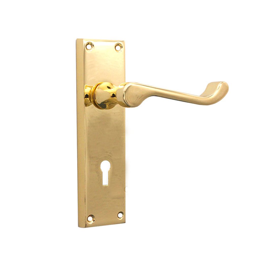 This is an image of Spira Brass - Victorian Scroll Lock Lever Handle 150mm Polished Brass available to order from T.H Wiggans Architectural Ironmongery in Kendal, quick delivery and discounted prices.