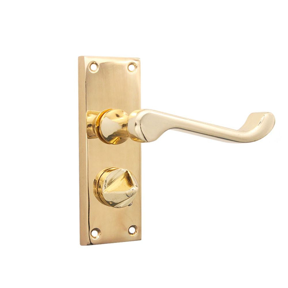This is an image of Spira Brass - Victorian Scroll Privacy Lever Handle 115mm Polished Brass available to order from T.H Wiggans Architectural Ironmongery in Kendal, quick delivery and discounted prices.