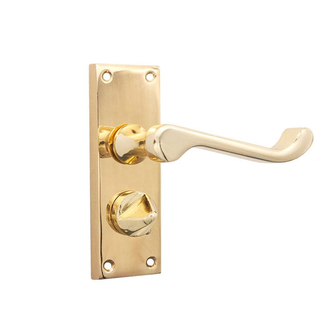 This is an image of Spira Brass - Victorian Scroll Privacy Lever Handle 115mm Polished Brass available to order from T.H Wiggans Architectural Ironmongery in Kendal, quick delivery and discounted prices.