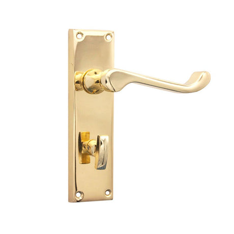 This is an image of Spira Brass - Victorian Scroll Privacy Lever Handle 150mm Polished Brass available to order from T.H Wiggans Architectural Ironmongery in Kendal, quick delivery and discounted prices.