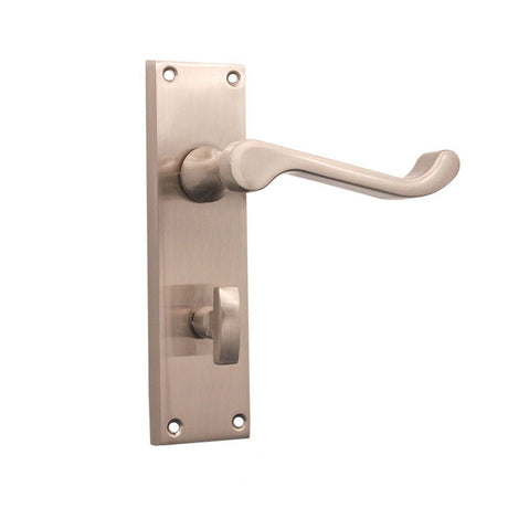 This is an image of Spira Brass - Victorian Scroll Privacy Lever Handle 150mm Satin Nickel available to order from T.H Wiggans Architectural Ironmongery in Kendal, quick delivery and discounted prices.