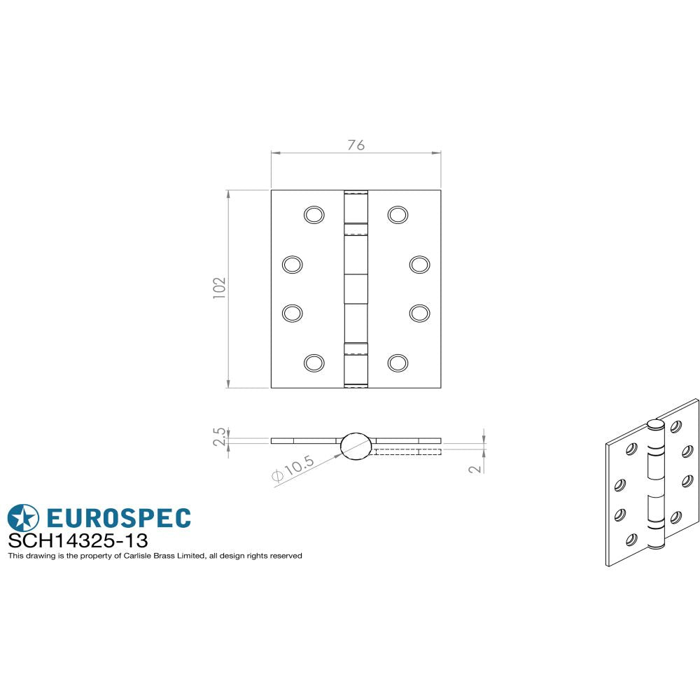 This image is a line drwaing of a Eurospec - Enduro Grade 13 Slim Knuckle Hinge 102 x 76mm - BSS available to order from T.H Wiggans Architectural Ironmongery in in Kendal