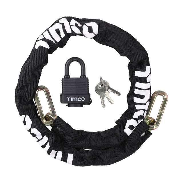 This is an image showing TIMCO Security Chain & Weatherproof Padlock - 8mm x 1m - 2 Pieces Bag available from T.H Wiggans Ironmongery in Kendal, quick delivery at discounted prices.