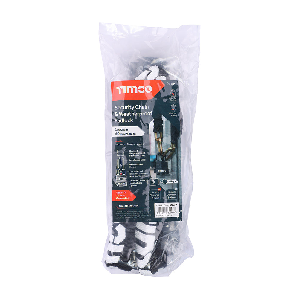 This is an image showing TIMCO Security Chain & Weatherproof Padlock - 8mm x 1m - 2 Pieces Bag available from T.H Wiggans Ironmongery in Kendal, quick delivery at discounted prices.