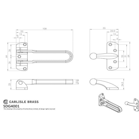 This image is a line drwaing of a Carlisle Brass - Door Guard - Polished Chrome available to order from Trade Door Handles in Kendal