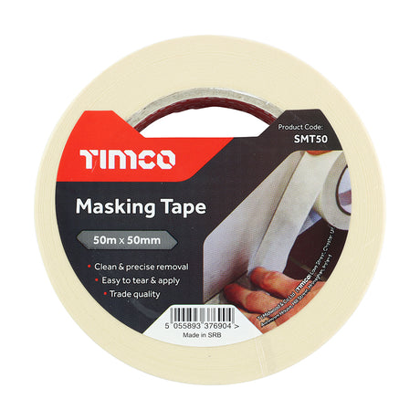 This is an image showing TIMCO Masking Tape - Cream - 50m x 50mm - 1 Each Roll available from T.H Wiggans Ironmongery in Kendal, quick delivery at discounted prices.