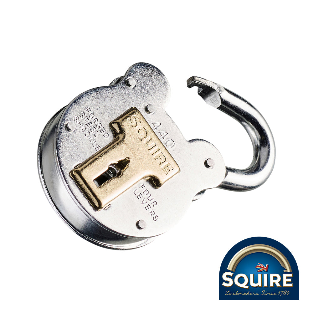 This is an image showing TIMCO Old English 4 Lever Padlock - 440 - 40mm - 1 Each Blister Pack available from T.H Wiggans Ironmongery in Kendal, quick delivery at discounted prices.
