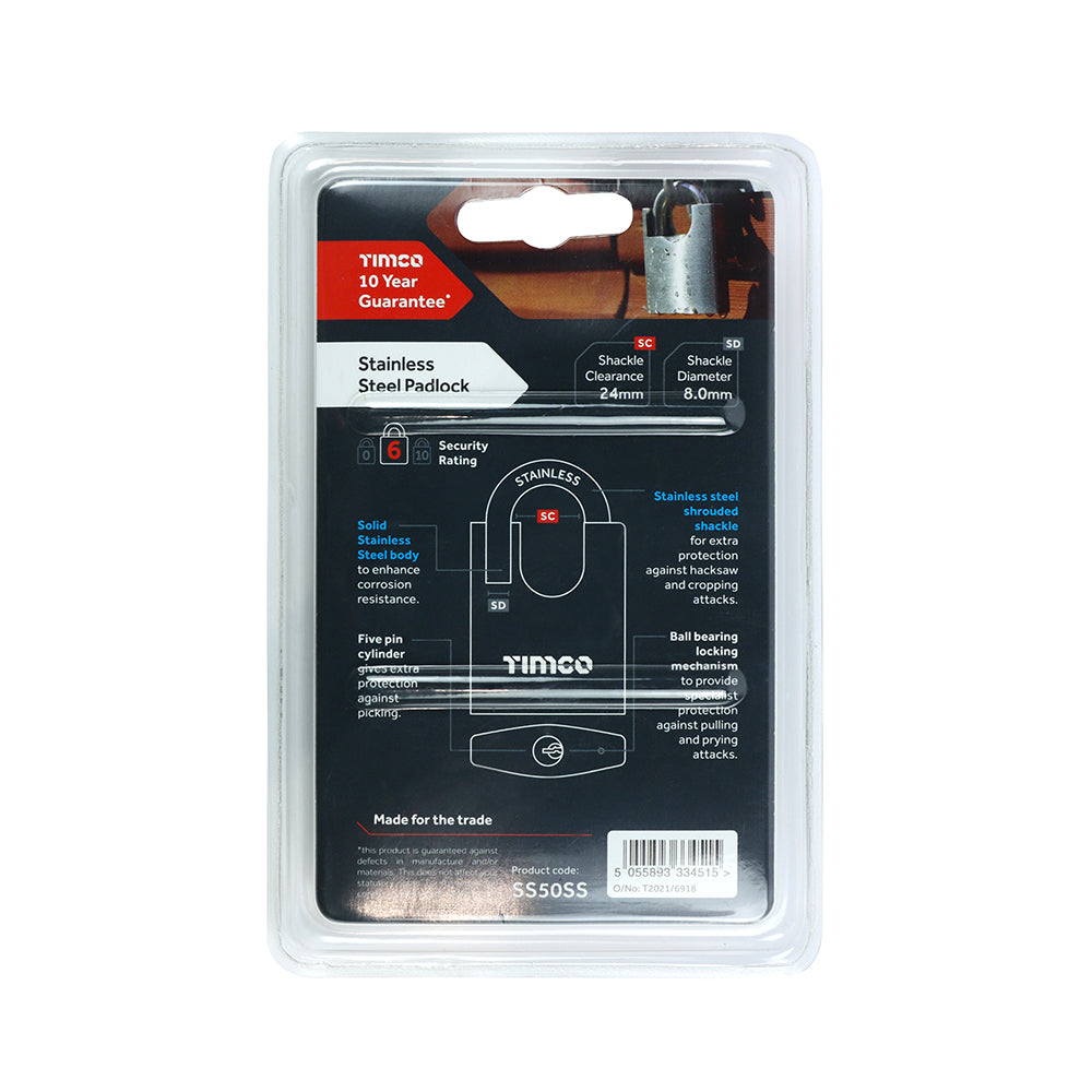 This is an image showing TIMCO Stainless Steel Padlock - 50mm - 1 Each Blister Pack available from T.H Wiggans Ironmongery in Kendal, quick delivery at discounted prices.