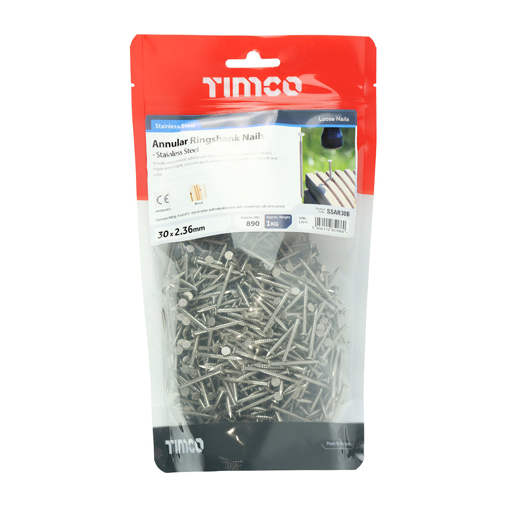 This is an image showing TIMCO Annular Ringshank Nails - Stainless Steel - 30 x 2.36 - 1 Kilograms TIMbag available from T.H Wiggans Ironmongery in Kendal, quick delivery at discounted prices.