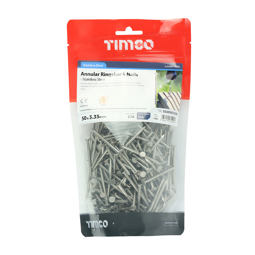 This is an image showing TIMCO Annular Ringshank Nails - Stainless Steel - 50 x 3.35 - 1 Kilograms TIMbag available from T.H Wiggans Ironmongery in Kendal, quick delivery at discounted prices.