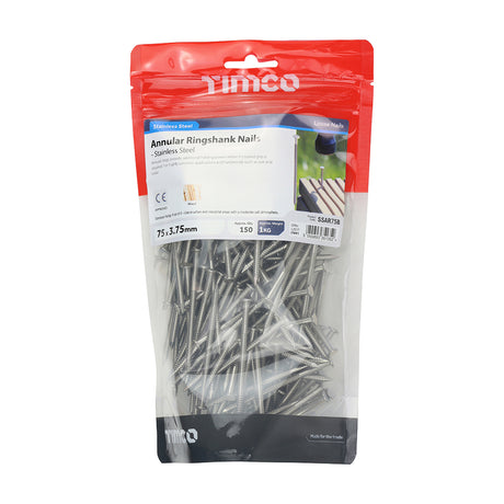 This is an image showing TIMCO Annular Ringshank Nails - Stainless Steel - 75 x 3.75 - 1 Kilograms TIMbag available from T.H Wiggans Ironmongery in Kendal, quick delivery at discounted prices.