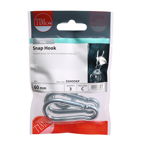 This is an image showing TIMCO Snap Hooks - Steel - 60mm - 3 Pieces TIMpac available from T.H Wiggans Ironmongery in Kendal, quick delivery at discounted prices.