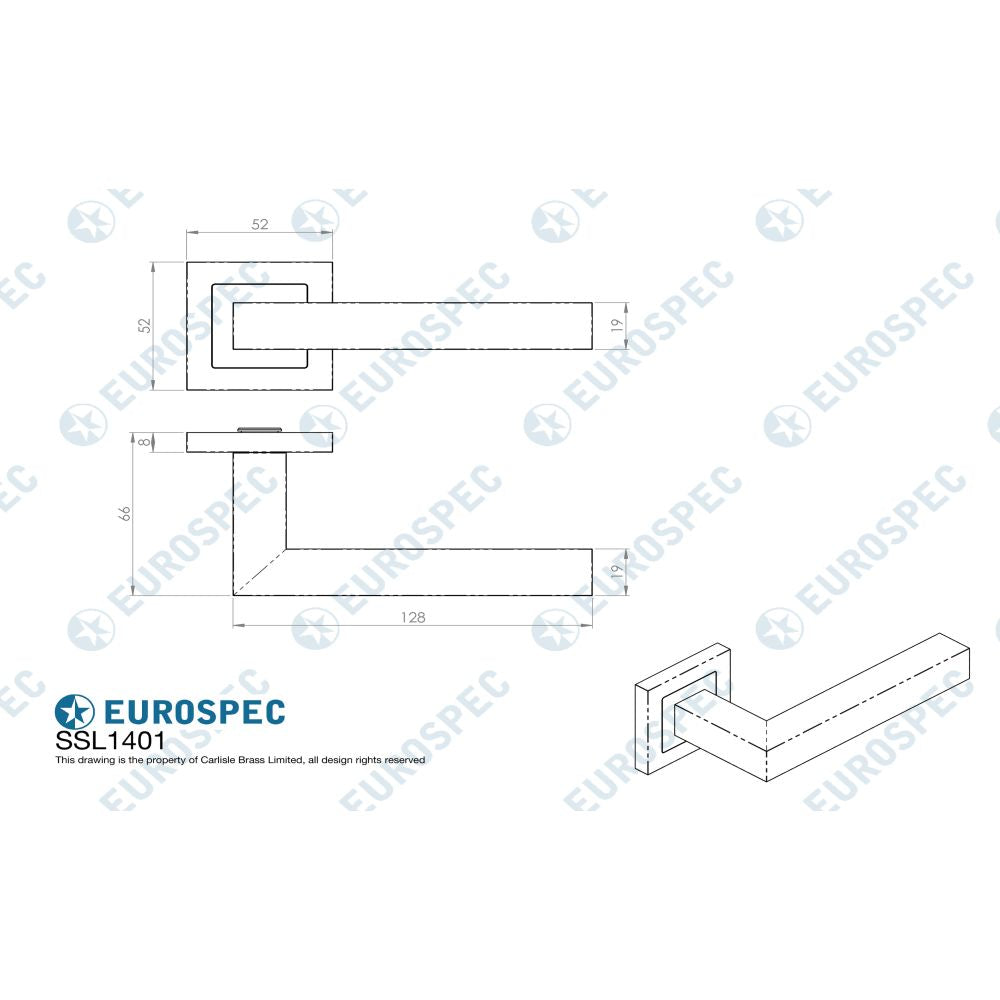 This image is a line drwaing of a Eurospec - Alvar Designer Lever on Sprung Square Rose - Satin Stainless Steel available to order from Trade Door Handles in Kendal