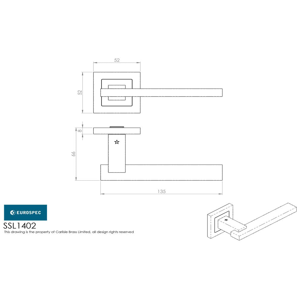 This image is a line drwaing of a Eurospec - Tange Designer Lever on Sprung Square Rose - Satin Stainless Steel available to order from Trade Door Handles in Kendal