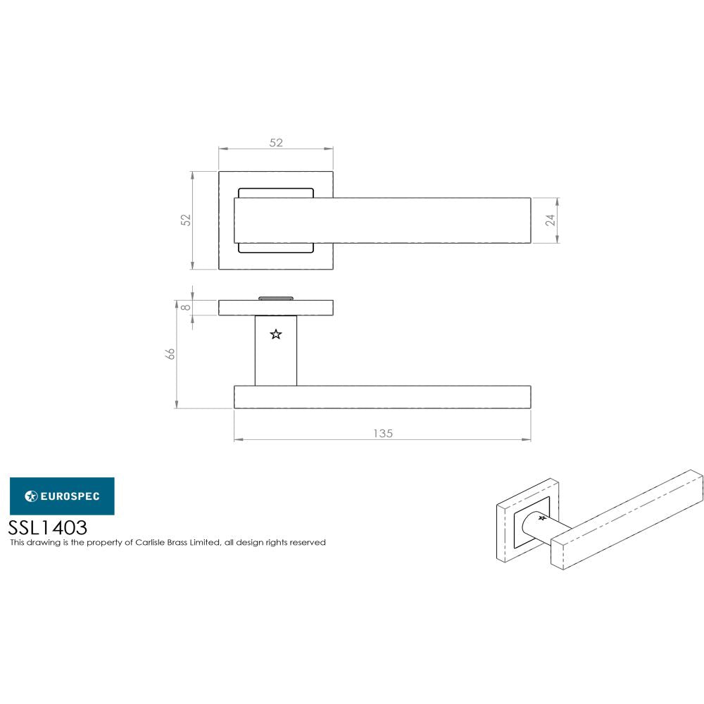 This image is a line drwaing of a Eurospec - Carla Designer Lever on Sprung Square Rose - Satin Stainless Steel available to order from Trade Door Handles in Kendal