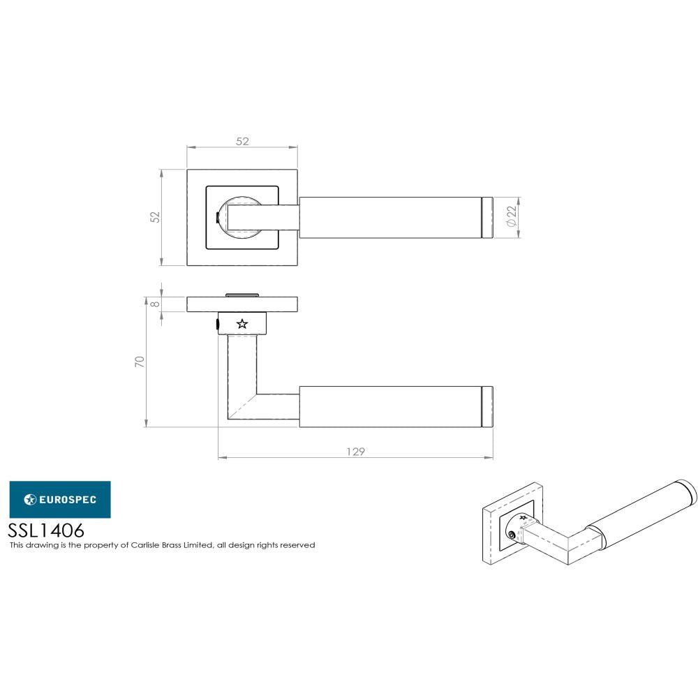 This image is a line drwaing of a Eurospec - Fagus Designer Lever on Sprung Square Rose - Bright/Satin Stainless S available to order from Trade Door Handles in Kendal