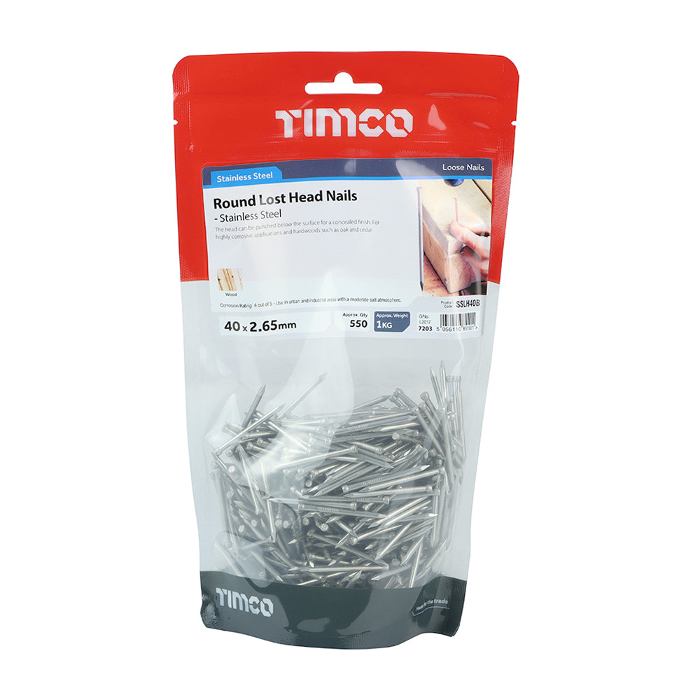 This is an image showing TIMCO Round Lost Head Nails - Stainless Steel - 40 x 2.65 - 1 Kilograms TIMbag available from T.H Wiggans Ironmongery in Kendal, quick delivery at discounted prices.