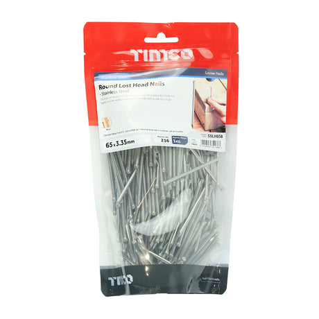 This is an image showing TIMCO Round Lost Head Nails - Stainless Steel - 65 x 3.35 - 1 Kilograms TIMbag available from T.H Wiggans Ironmongery in Kendal, quick delivery at discounted prices.