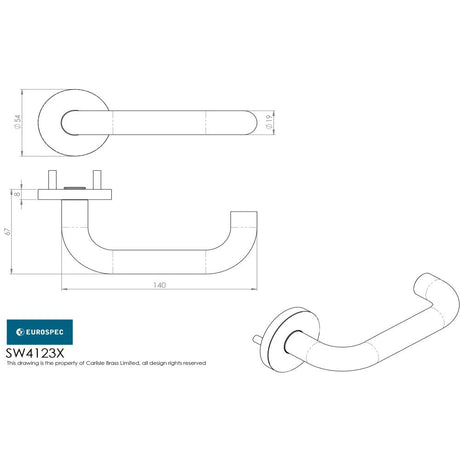 This image is a line drwaing of a Eurospec - Grade 304 Safety Lever DDA Compliant - Satin Stainless Steel available to order from Trade Door Handles in Kendal