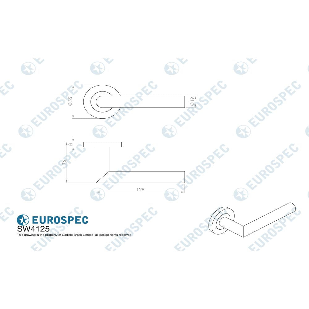 This image is a line drwaing of a Eurospec - 19mm Dia. Grade 4 Mitred Safety Lever on Round Rose - Satin Stainless available to order from Trade Door Handles in Kendal