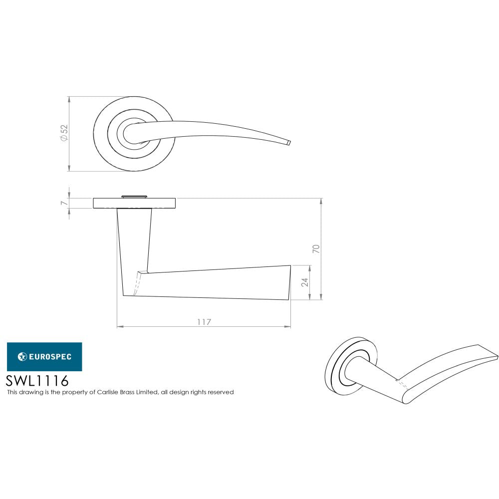 This image is a line drwaing of a Eurospec - Volantes Designer Lever on Threaded Rose - Satin Stainless Steel available to order from Trade Door Handles in Kendal