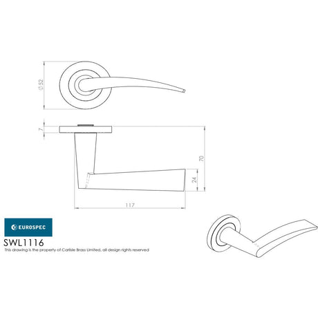 This image is a line drwaing of a Eurospec - Volantes Designer Lever on Threaded Rose - Satin Stainless Steel available to order from Trade Door Handles in Kendal