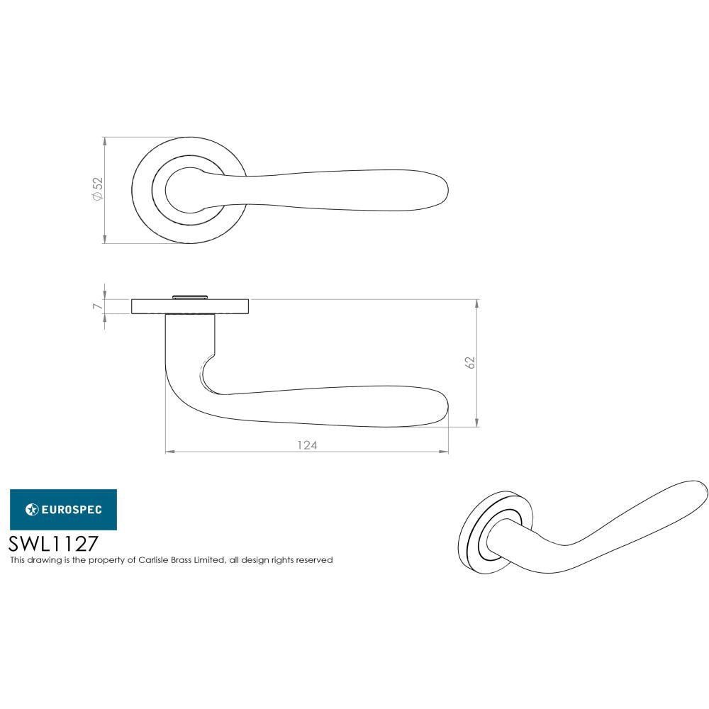 This image is a line drwaing of a Eurospec - Steelworx SWL Peninsula Lever on Rose - Satin Stainless Steel available to order from Trade Door Handles in Kendal