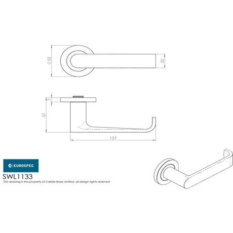 This image is a line drwaing of a Eurospec - Steelworx SWL Zurigo Lever on Rose - Satin Stainless Steel available to order from Trade Door Handles in Kendal