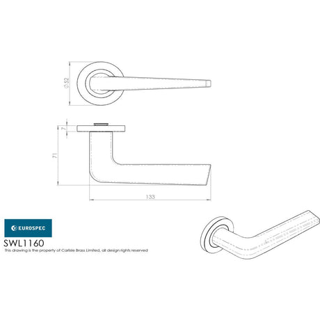 This image is a line drwaing of a Eurospec - Steelworx SWL Plaza Lever on Rose - Satin Stainless Steel available to order from Trade Door Handles in Kendal