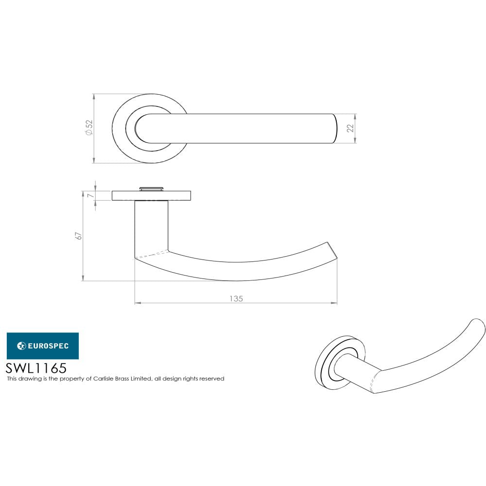 This image is a line drwaing of a Eurospec - Steelworx SWL Scimitar Lever on Rose - Satin Stainless Steel available to order from Trade Door Handles in Kendal