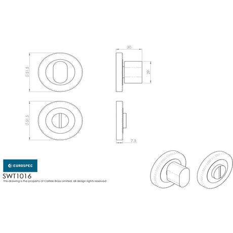 This image is a line drwaing of a Eurospec - Steelworx SWL Thumbturn - Bright Stainless Steel available to order from Trade Door Handles in Kendal