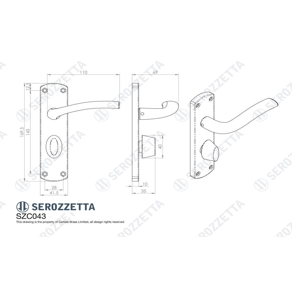 This image is a line drwaing of a Serozzetta - Cuatro Lever on WC Backplate - Satin Chrome available to order from Trade Door Handles in Kendal