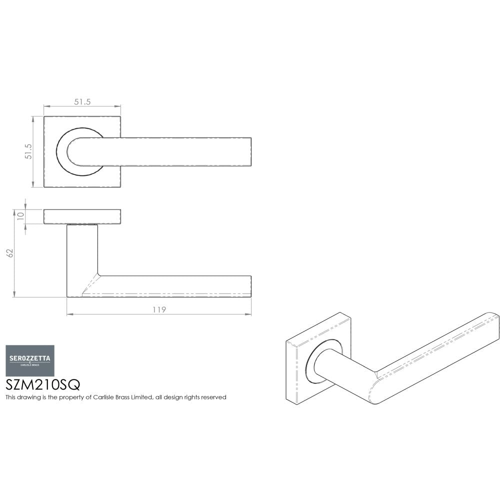 This image is a line drwaing of a Serozzetta - Edge Lever on Square Rose - Polished Chrome available to order from Trade Door Handles in Kendal