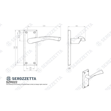 This image is a line drwaing of a Carlisle Brass - Serozzetta Venti Lever on Latch Backplate - Matt Black available to order from Trade Door Handles in Kendal