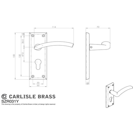 This image is a line drwaing of a Serozzetta - Trenta Lever on Euro Lock Backplate - Satin Nickel available to order from Trade Door Handles in Kendal