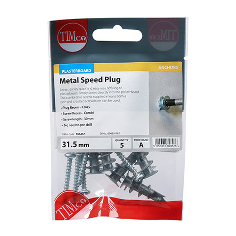 This is an image showing TIMCO Metal Speed Plugs & Screws - Zinc - 31.5mm - 5 Pieces TIMpac available from T.H Wiggans Ironmongery in Kendal, quick delivery at discounted prices.