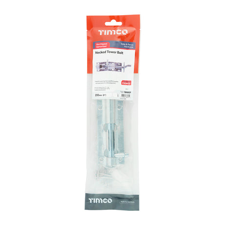 This is an image showing TIMCO Necked Tower Bolt - Hot Dipped Galvanised - 8" - 1 Each TIMpac available from T.H Wiggans Ironmongery in Kendal, quick delivery at discounted prices.