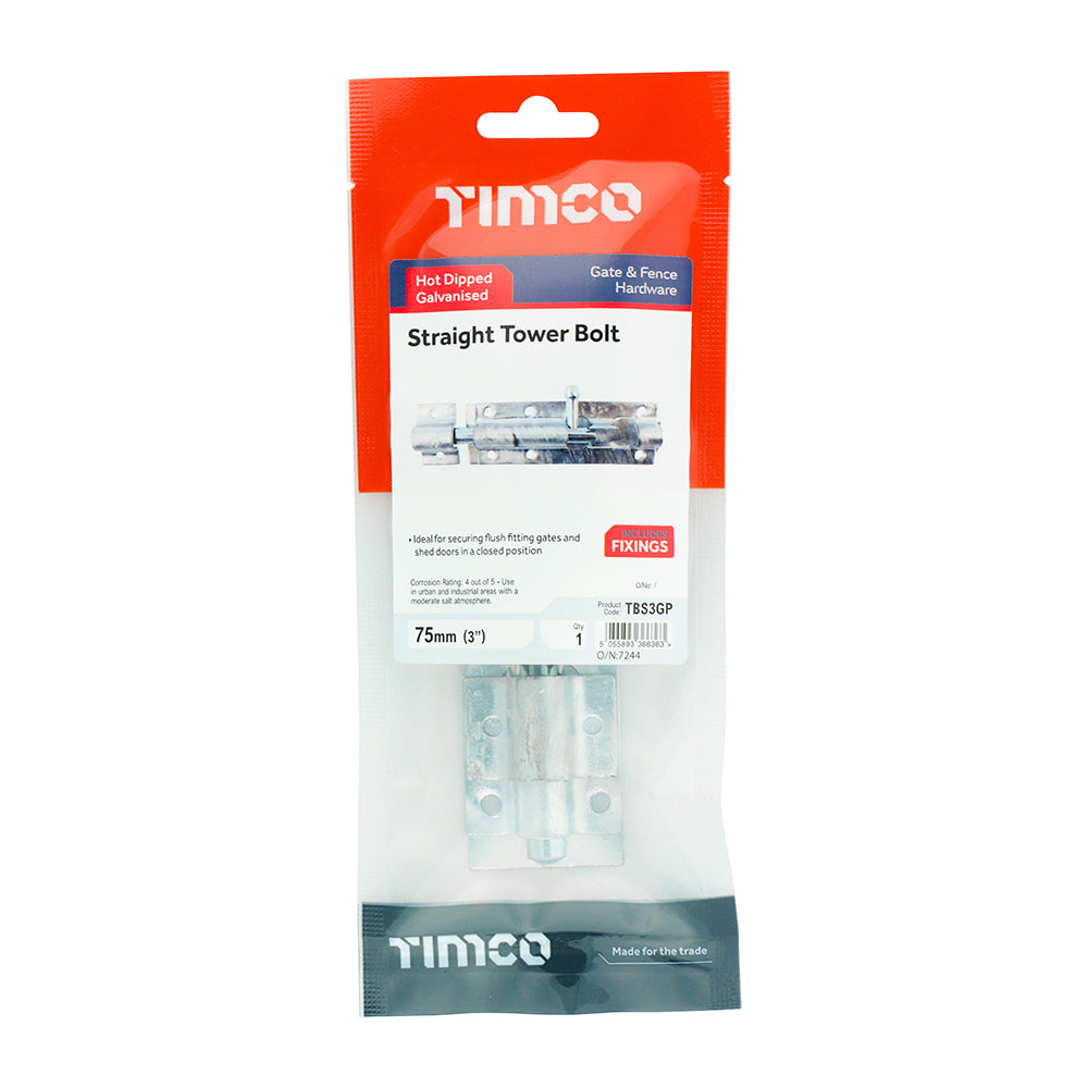 This is an image showing TIMCO Straight Tower Bolt - Hot Dipped Galvanised - 3" - 1 Each TIMpac available from T.H Wiggans Ironmongery in Kendal, quick delivery at discounted prices.