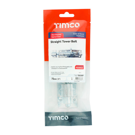 This is an image showing TIMCO Straight Tower Bolt - Hot Dipped Galvanised - 3" - 1 Each TIMpac available from T.H Wiggans Ironmongery in Kendal, quick delivery at discounted prices.