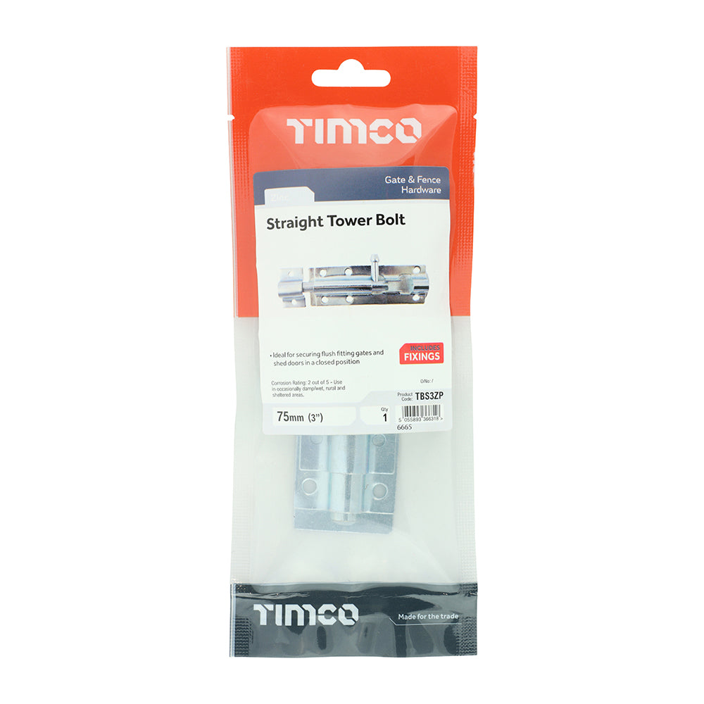 This is an image showing TIMCO Straight Tower Bolt - Zinc - 3" - 1 Each TIMpac available from T.H Wiggans Ironmongery in Kendal, quick delivery at discounted prices.